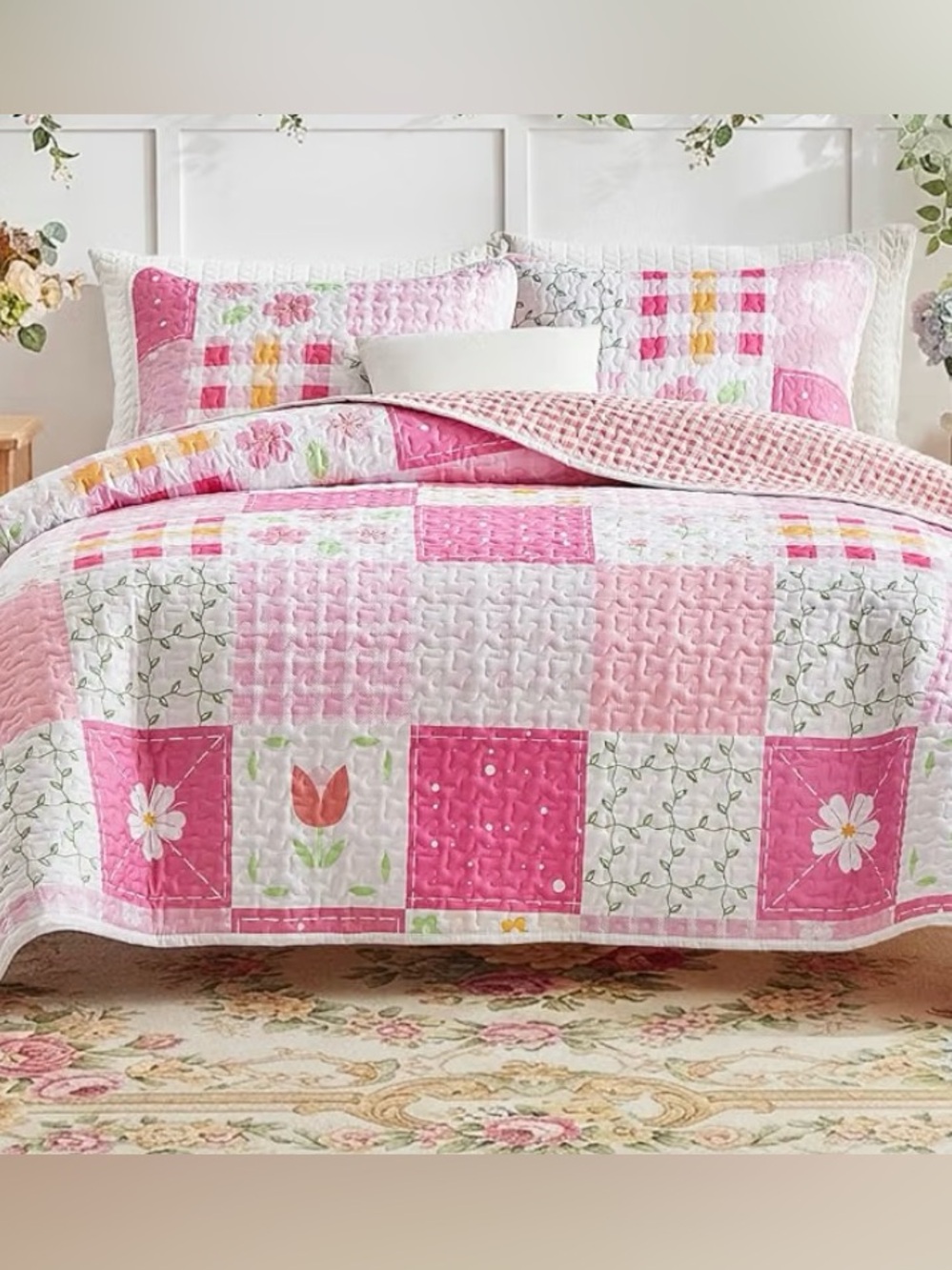 Pink Floral Patchwork Quilt Set - Home Bedding